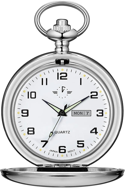 HOTBOSHIYA Smooth Quartz Pocket Watches for Men Classic Arabic Digital Luminous Dial & Day Date Pocket Watch with Chain Christmas Graduation Birthday Gifts