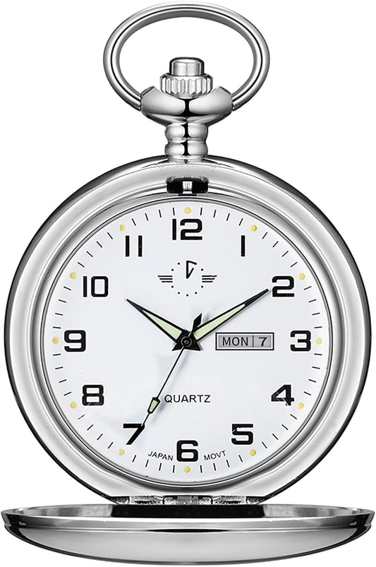 HOTBOSHIYA Smooth Quartz Pocket Watches for Men Classic Arabic Digital Luminous Dial & Day Date Pocket Watch with Chain Christmas Graduation Birthday Gifts