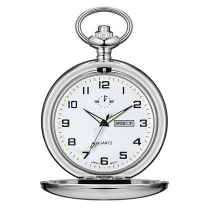 HOTBOSHIYA Smooth Quartz Pocket Watches for Men Classic Arabic Digital Luminous Dial & Day Date Pocket Watch with Chain Christmas Graduation Birthday Gifts