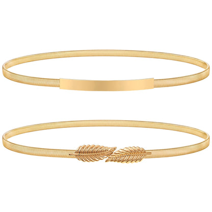 HOTXZQTIVE 2 Pieces Women Skinny Metal Chain Waist Belt Stretchy Saree Cinch Belt for Dress Gold Sliver