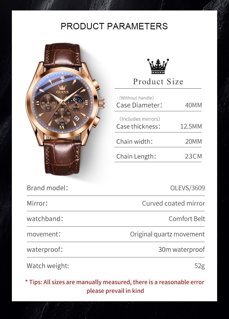 HOTOLEVS Men's Leather Analog Quartz Watch - Luxury Chronograph Wristwatch with Date, Waterproof, Luminous - Dress Style