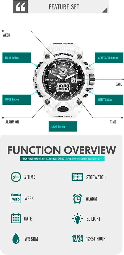 HOTKXAITO Men's Watches Sports Outdoor Waterproof Military Wrist Watch Date Multi Function Tactics LED Alarm Stopwatch