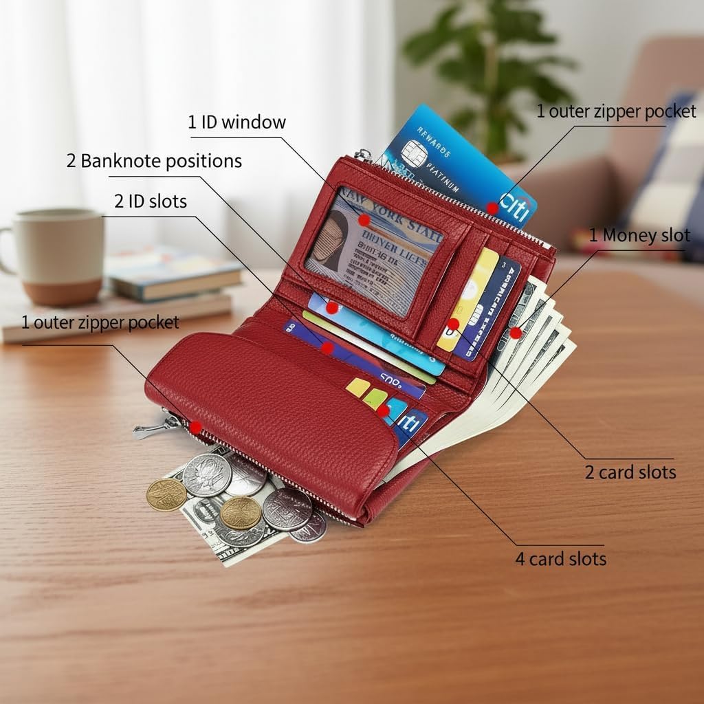 HOTGenuine Leather Wallet for Women, Slim RFID Clutch with Coin Pocket, Soft Pebble Short Card Holder ID Case 5.3in (Red)