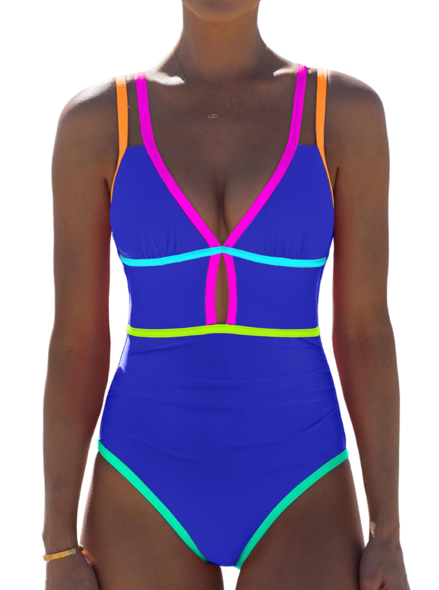 HOTpopvil Women One Piece Swimsuit 2026 Neon Tummy Control Bathing Suit | Tummy Ruched Design, Color Block, Cutout Design, Deep V Neck, Back tie,Adjustable Straps, Neon Trim,Vacation,Beach