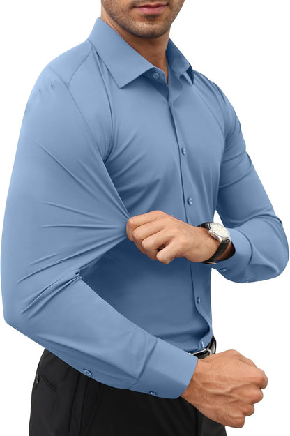 HOTLion Nardo Stretch Mens Dress Shirts Long Sleeve Slim Fit Dress Shirts for Men Muscle Fit Wrinkle Free Button Down Shirt