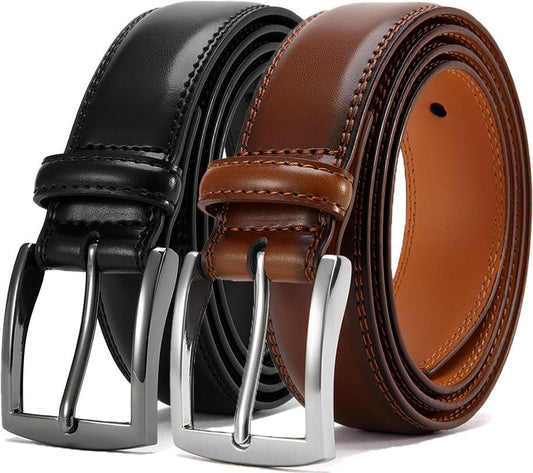 HOTDOOPAI Men's Genuine Leather Dress Belt 2Pack - Handmade Classic Casual and Business Belt, 100% Cow Leather Prong Buckle,