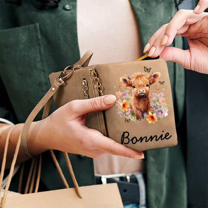 HOTCALLIE Personalized Wristlet Wallet with Cute Highland Cow Design and Name, PU Leather Credit Card Holder Wallet for Women, Travel Christmas Birthday Gift for Family Friend