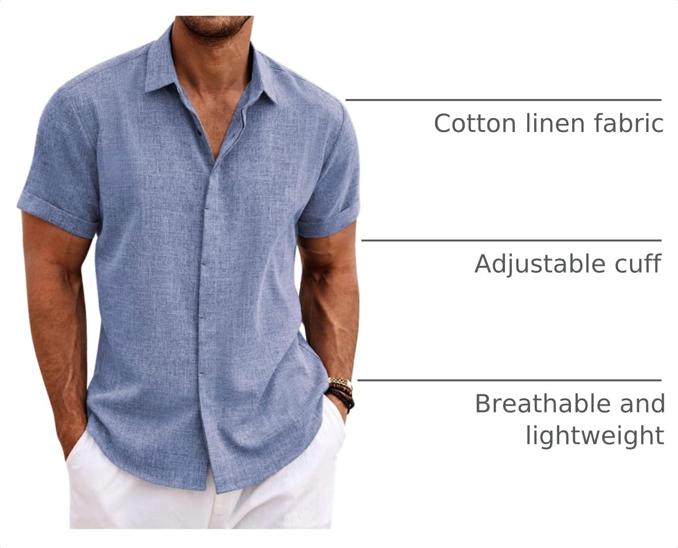 HOTCOOFANDY Men's Linen Shirts Short Sleeve Casual Shirts Button Down Shirt for Men Beach Summer Wedding Shirt