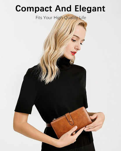 HOTBOSTANTEN Womens Leather Wallet RFID Large Capacity Credit Card Holder | 4 ID Windows, 16 Card Slots, Zipper Coin Pocket, Clutch Wallet, Long Bifold, Ladies Gifts, Brown