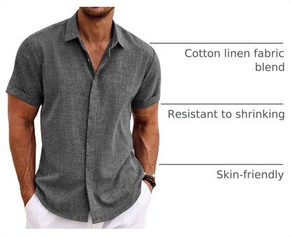 HOTCOOFANDY Men's Linen Shirts Short Sleeve Casual Shirts Button Down Shirt for Men Beach Summer Wedding Shirt