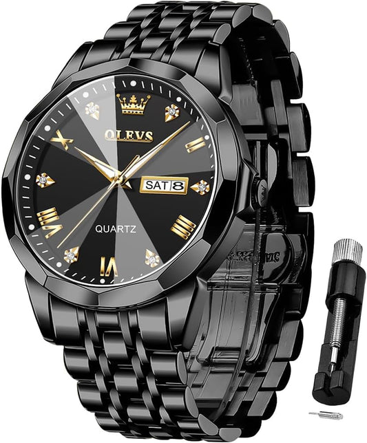 HOTOLEVS Watch for Men Diamond Business Dress Analog Quartz Stainless Steel Waterproof Luminous Date Two Tone Luxury Casual Wrist Watch Blue