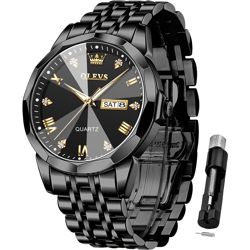 HOTOLEVS Watch for Men Diamond Business Dress Analog Quartz Stainless Steel Waterproof Luminous Date Two Tone Luxury Casual Wrist Watch Blue