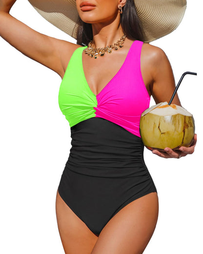 HOTWomen's Tummy Control One Piece Swimsuit Push Up Full Coverage Bathing Suit | V-Neck Twist Front, Low-Back Design, Adjustable Straps, Removable Pads, Full Coverage, Long-Torso Fit, Beach and Pool Days