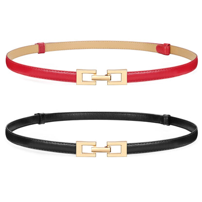 HOTWERFORU 2 Pack Women Skinny Belt Thin Waist Belt for Pants Leather Belt with Gold Buckle for Jeans Dress,0.6" width