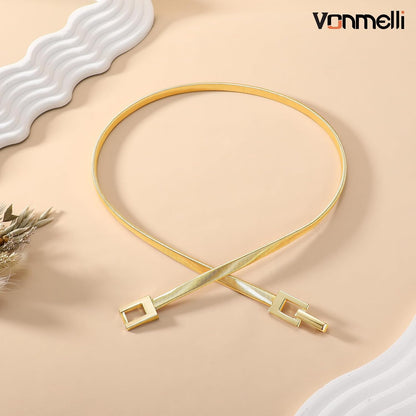 HOTVONMELLI Women's Skinny Metal Cinch Belt for Dress Stretch Thin Waist Belt Gold/Sliver Elastic Belts