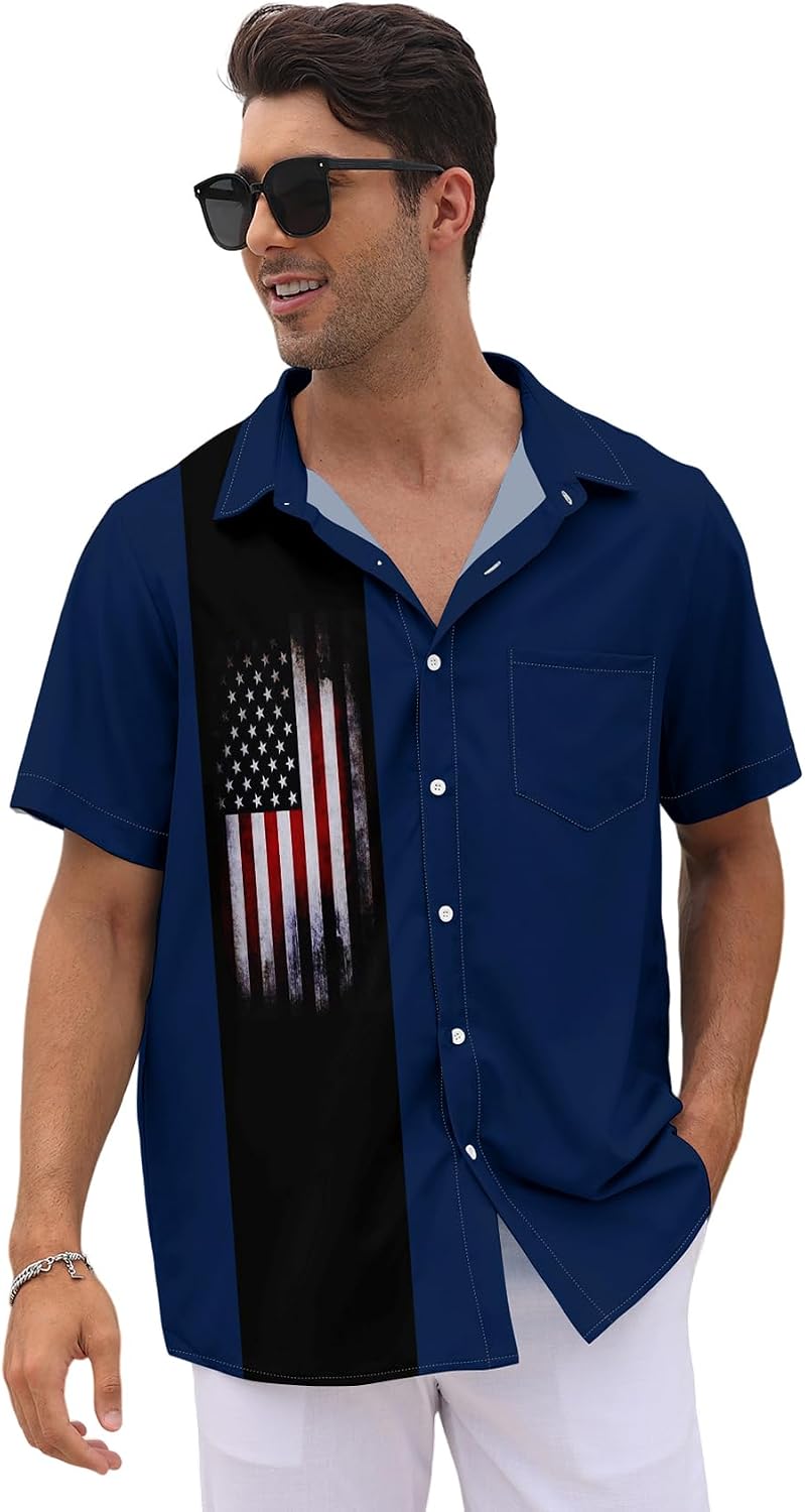HOTWHO IN SHOP Men's 4th of July American Flag Patriotic Shirts Short Sleeve Button Up USA Memorial Day Shirts