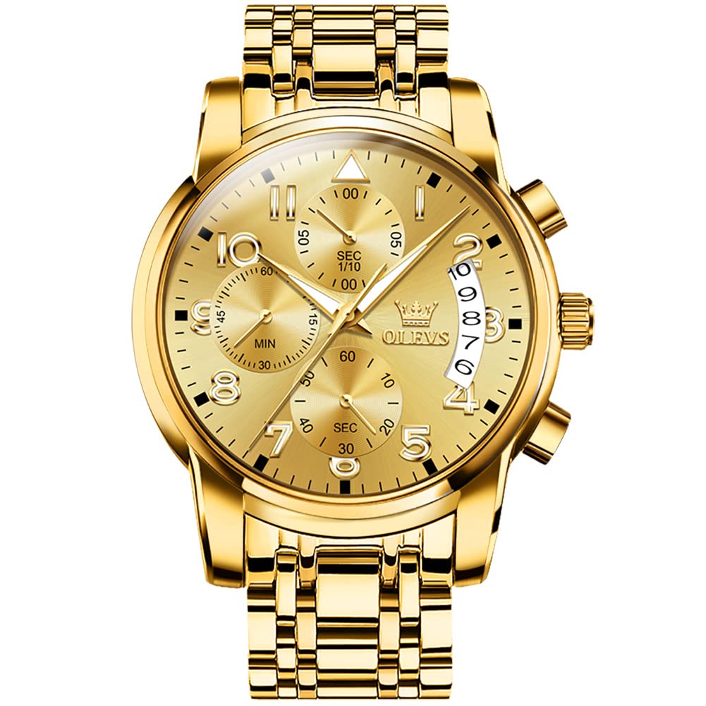 HOTOLEVS Men's Stainless Steel Chronograph Watch, Big Face Gold Silver Black Tone Easy to Read Analog Quartz Watch, Luxury Waterproof Date Diamond Roman Arabic Numerals Dial Dress Watch for Men