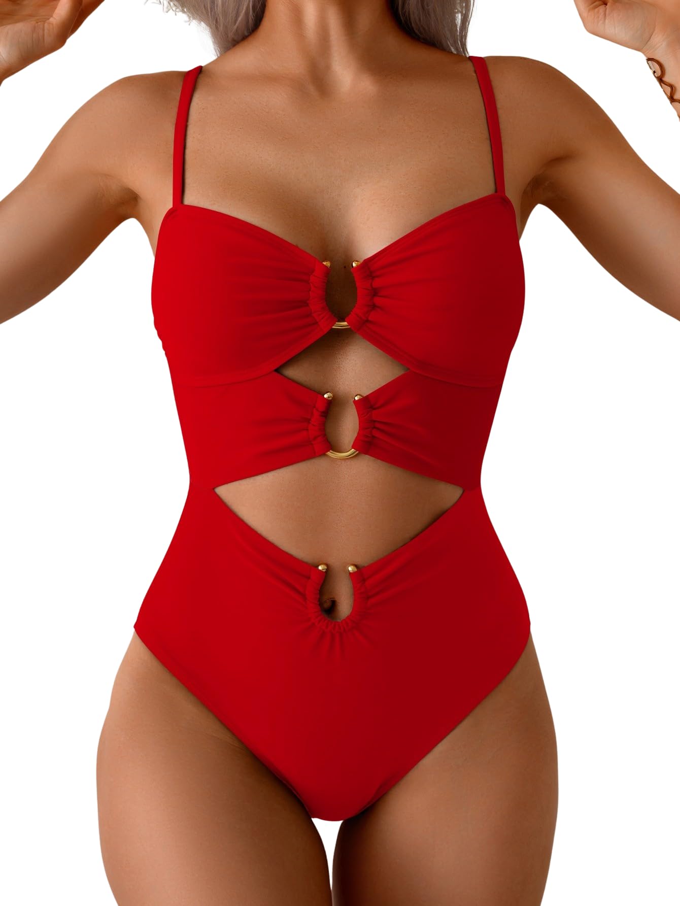 HOTEomenie Womens Cutout One Piece Swimsuit Sexy Bathing Suit | Ring Linked, Adjustable Spaghetti Straps, Bra Support, Soft Removable Cups, Monokini for Beach Vacation, Pool Side