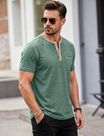 HOTMen's Henley Shirt Casual Button Short Sleeve T-Shirt Summer Patchwork Color Block Tee Shirts