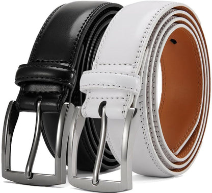 HOTDOOPAI Men's Genuine Leather Dress Belt 2Pack - Handmade Classic Casual and Business Belt, 100% Cow Leather Prong Buckle,