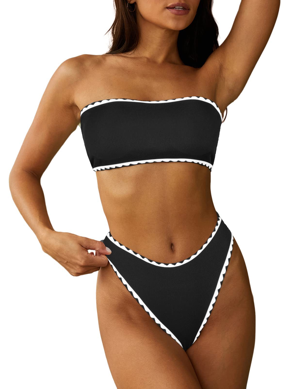 HOTZAFUL Women Strapless Bandeau Bikini 2 Piece Swimwear Lace up Bathing Suits | Strapless Textured Bikini Set Cheeky Solid Bandeau Bathing Suits