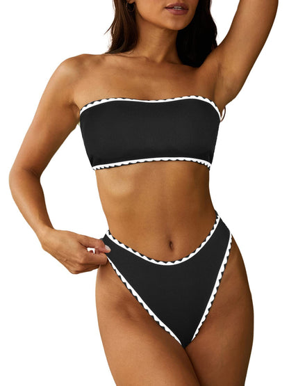 HOTZAFUL Women Strapless Bandeau Bikini 2 Piece Swimwear Lace up Bathing Suits | Strapless Textured Bikini Set Cheeky Solid Bandeau Bathing Suits