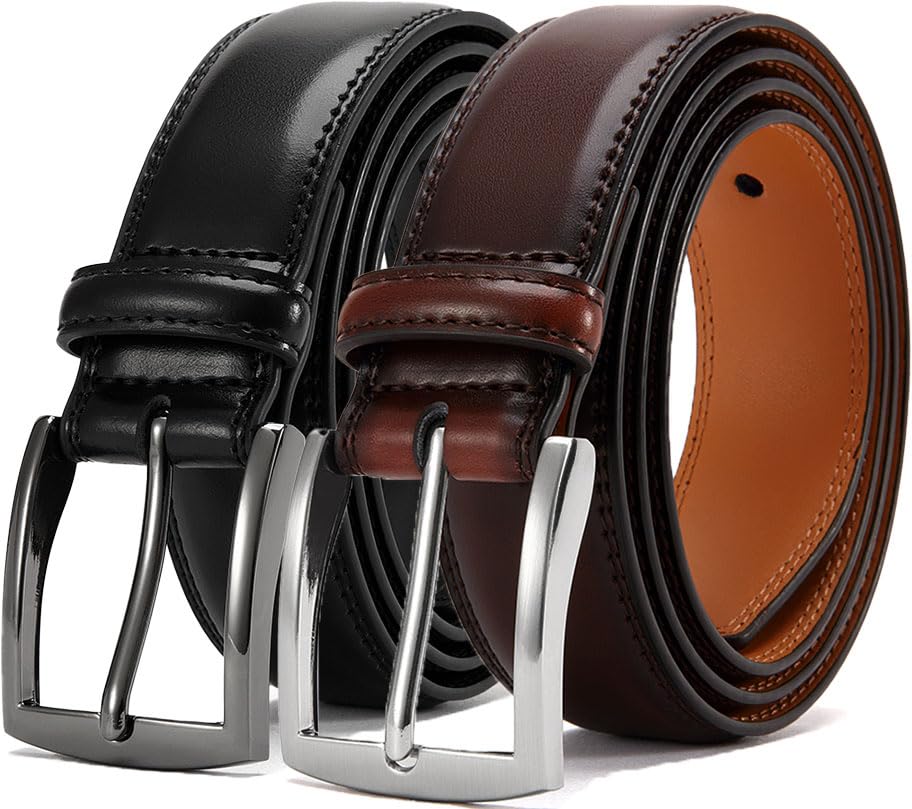 HOTDOOPAI Men's Genuine Leather Dress Belt 2Pack - Handmade Classic Casual and Business Belt, 100% Cow Leather Prong Buckle,