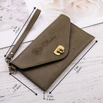 HOTPersonalized Leather Wristlet Pouch Birth Flower Custom Name Wrist Bag Wallet – Gift for Her