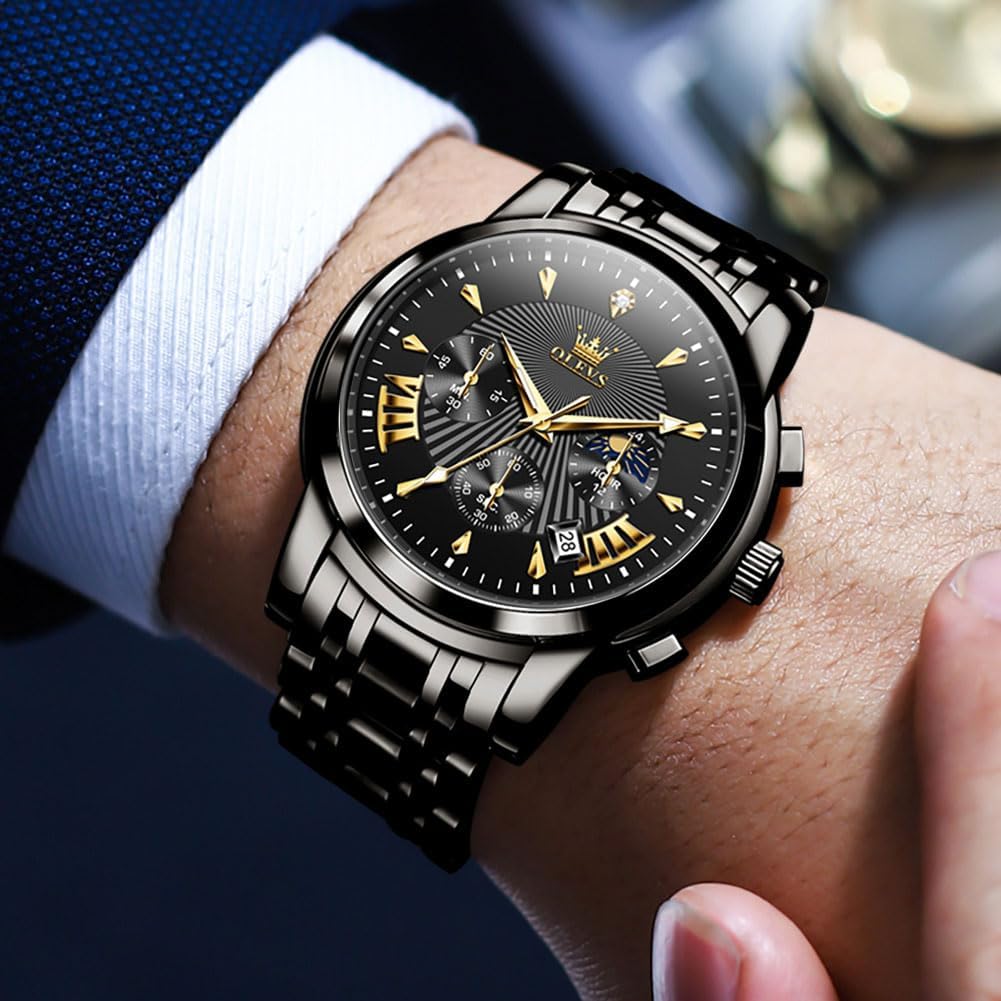 HOTOLEVS Mens Watches Luxury Waterproof Luminous Easy Read Chronograph Watches Full Gold/White Dail/Black Face with Calendar Wrist Watches