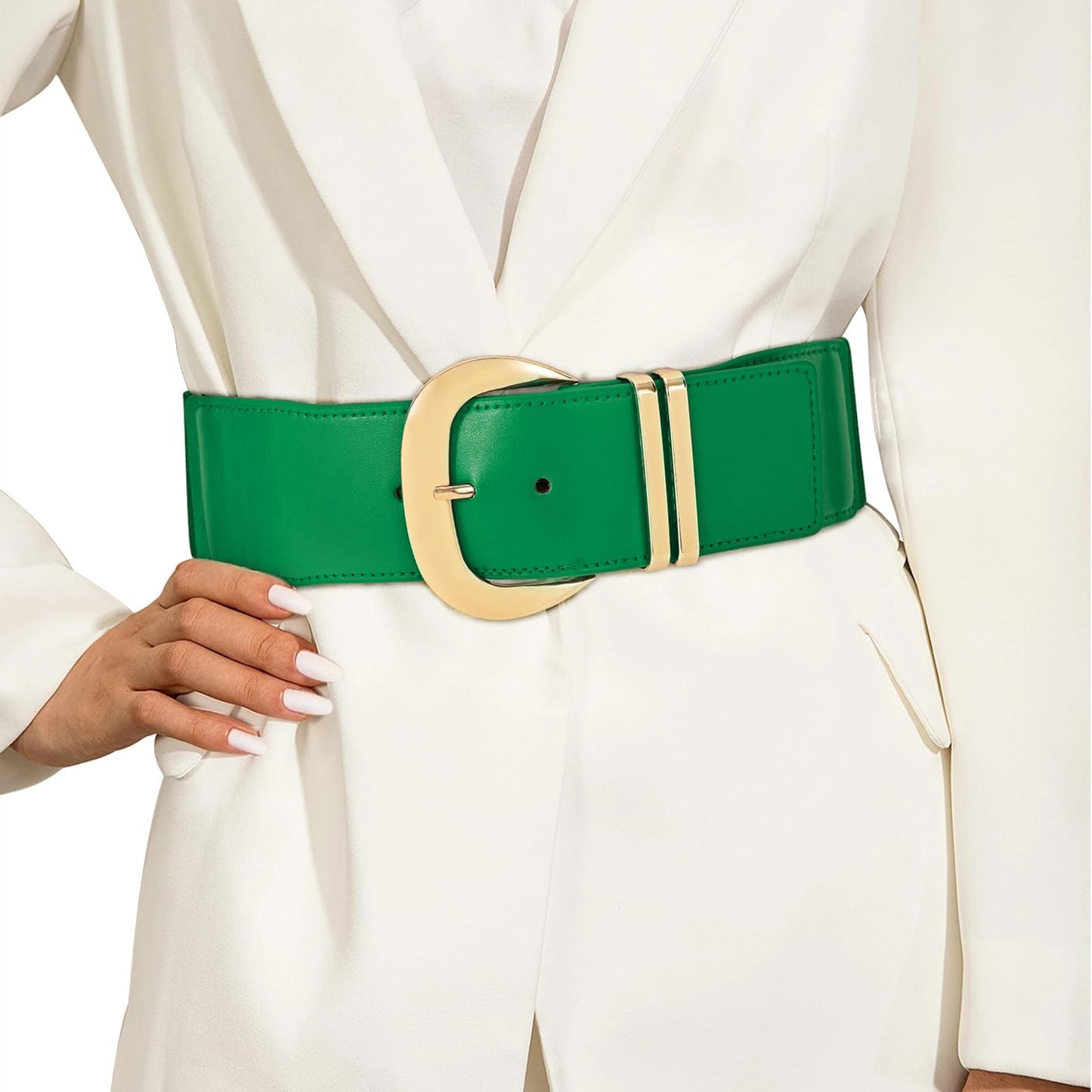 HOTWHIPPY Women Wide Elastic Waist Belt for Dresses Fashion Gold Buckle Stretchy Leather Waistband for Ladies