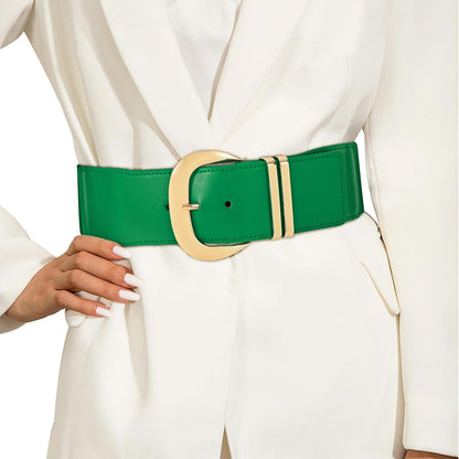 HOTWHIPPY Women Wide Elastic Waist Belt for Dresses Fashion Gold Buckle Stretchy Leather Waistband for Ladies