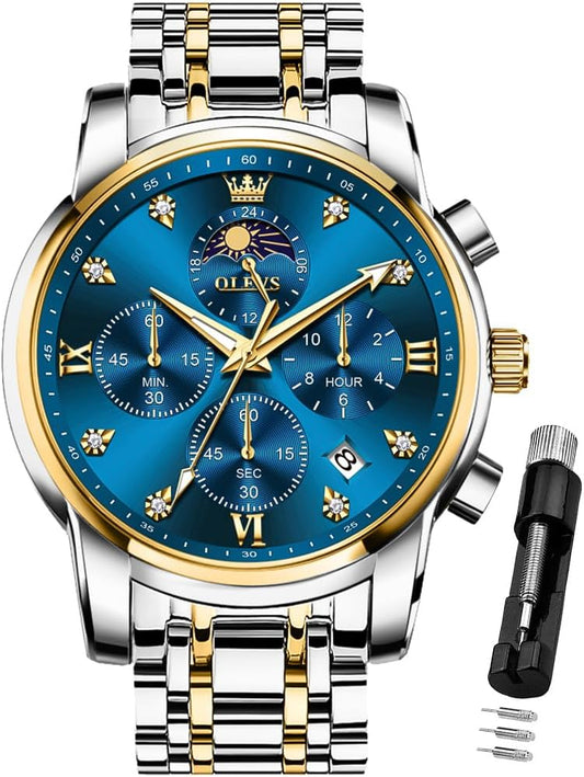 HOTOLEVS Watch for Men Diamond Business Dress Analog Quartz Stainless Steel Waterproof Luminous Date Two Tone Luxury Casual Wrist Watch Blue