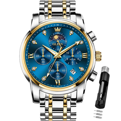 HOTOLEVS Watch for Men Diamond Business Dress Analog Quartz Stainless Steel Waterproof Luminous Date Two Tone Luxury Casual Wrist Watch Blue