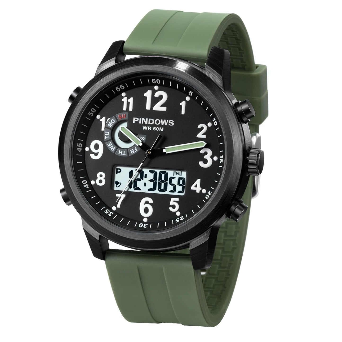 HOTPINDOWS Mens Digital Analog Watches, Multifunction Sport Casual | Dual time display, bright night backlight, daily alarm, precision stopwatch, and splash-proof construction