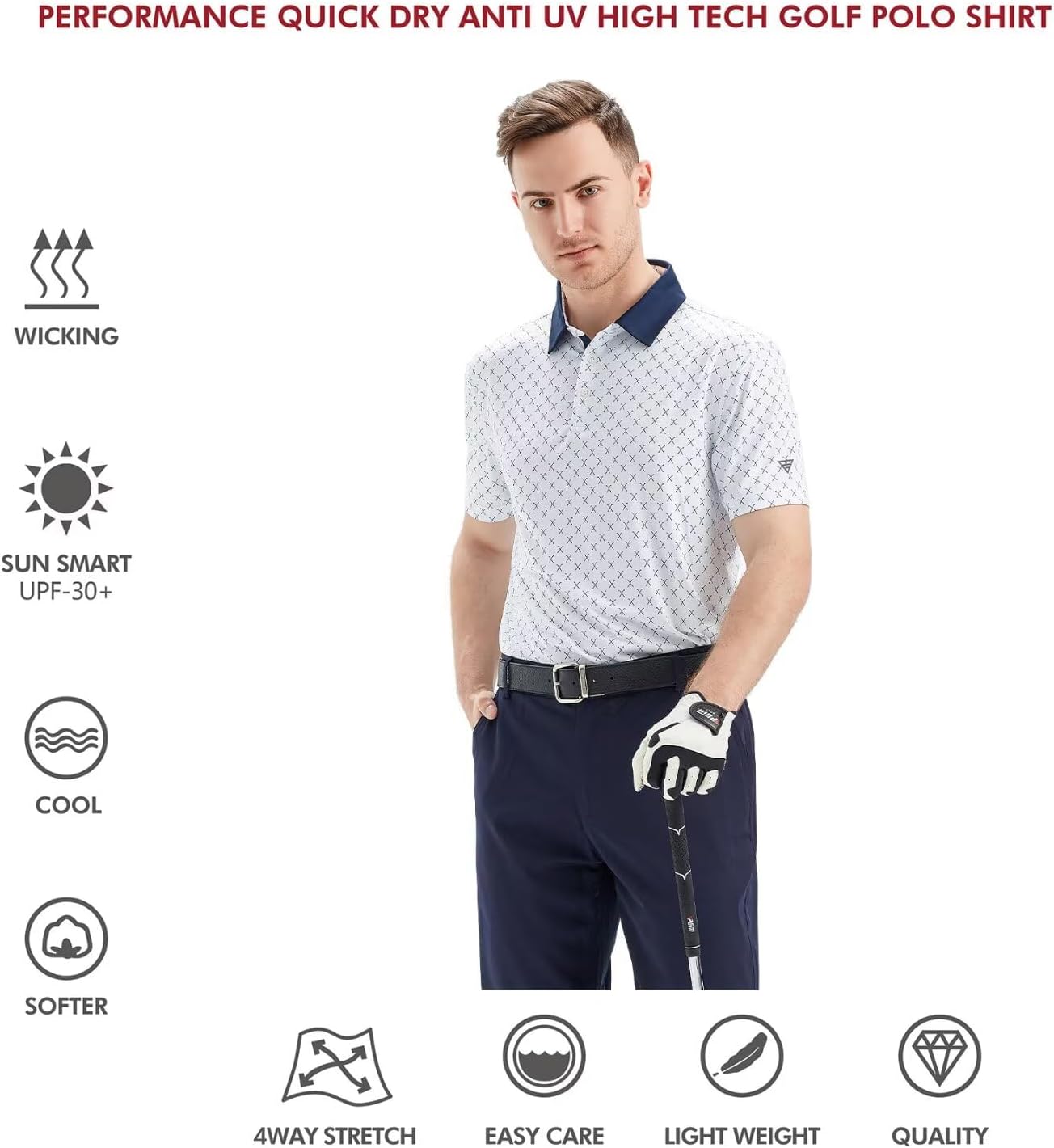 HOTGolf Shirts for Men Dry Fit Short Sleeve Print Performance Moisture Wicking Polo Shirt
