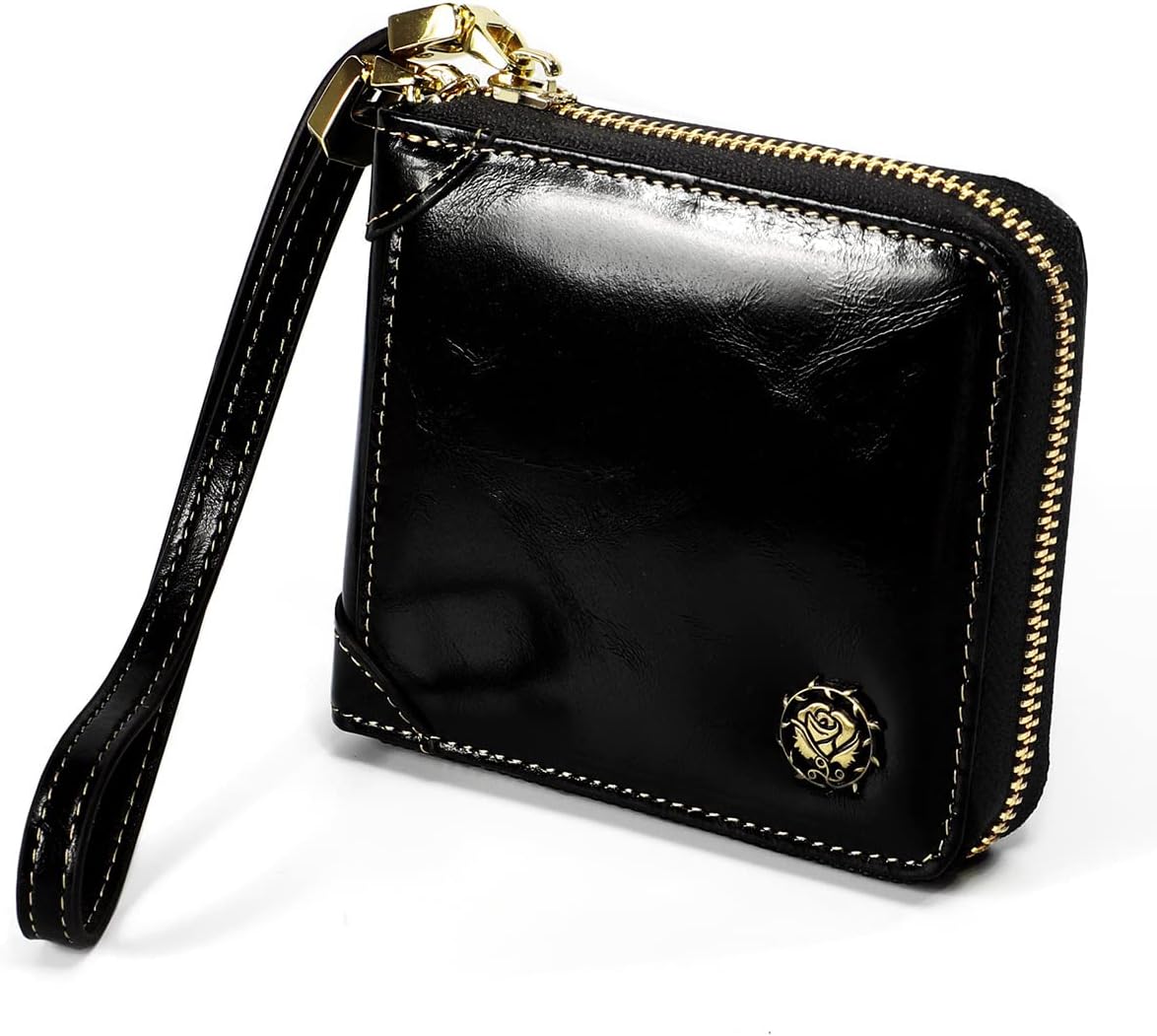 HOTSmall Womens Wallet, RFID Blocking Genuine Leather Purse Zip Around Credit Card Holder Purse Clutch Wallet with Wristlet (Black)