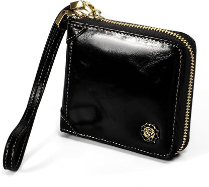 HOTSmall Womens Wallet, RFID Blocking Genuine Leather Purse Zip Around Credit Card Holder Purse Clutch Wallet with Wristlet (Black)