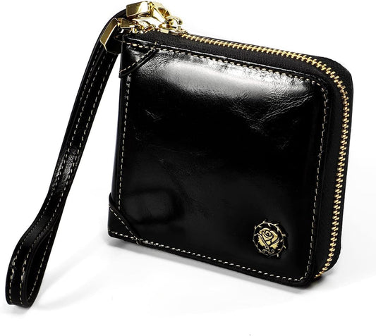 HOTSmall Womens Wallet, RFID Blocking Genuine Leather Purse Zip Around Credit Card Holder Purse Clutch Wallet with Wristlet (Black)