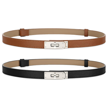 HOT2 Pack Women Skinny Leather Belt for Dresses Jeans Solid Color Alloy Turn Lock