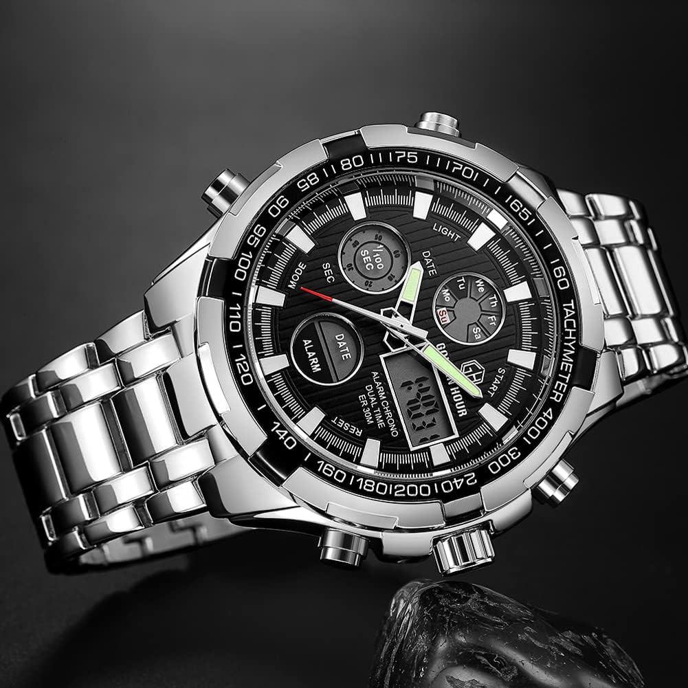 HOTGOLDEN HOUR Luxury Stainless Steel Analog Digital Watches for Men Male Outdoor Sport Waterproof Big Heavy Wristwatch
