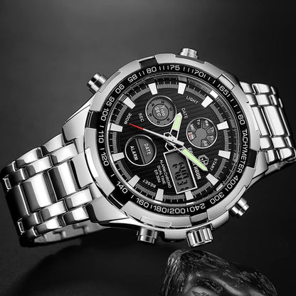 HOTGOLDEN HOUR Luxury Stainless Steel Analog Digital Watches for Men Male Outdoor Sport Waterproof Big Heavy Wristwatch