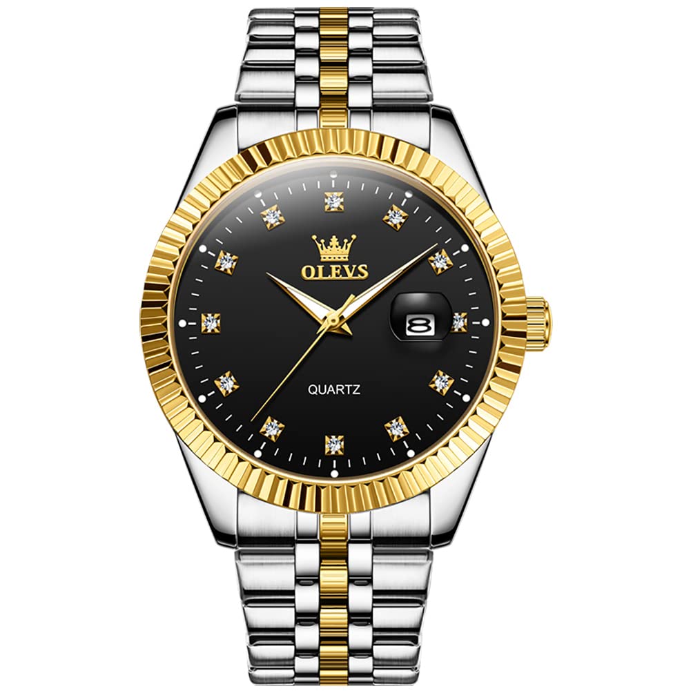 HOTOLEVS Men's Luxury Stainless Steel Watch, Big Face Gold Silver Two Tone Three Hand Analog Quartz Watch, Easy to Read Waterproof Luminous Day Date Wrist Watches for Men