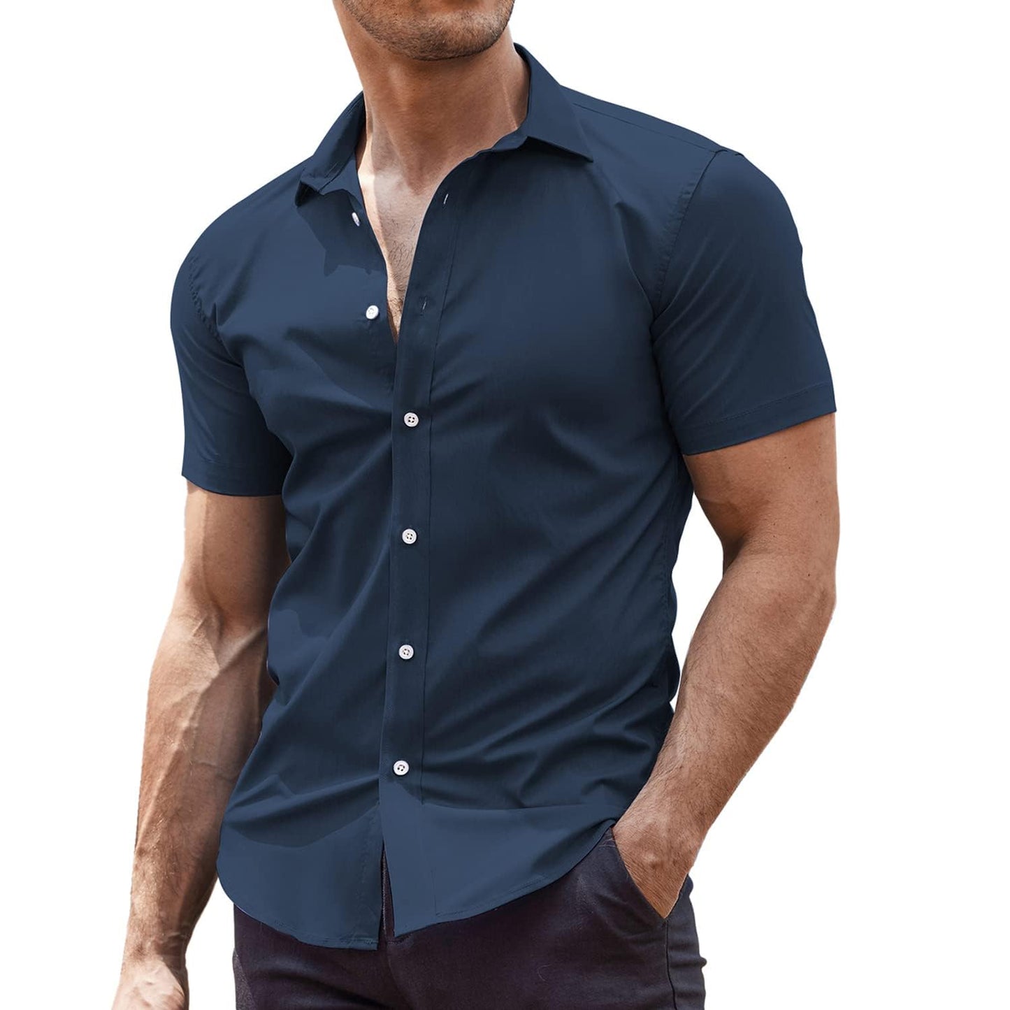 HOTCOOFANDY Men's Muscle Fit Dress Shirts Wrinkle-Free Short Sleeve Casual Button Down Shirt