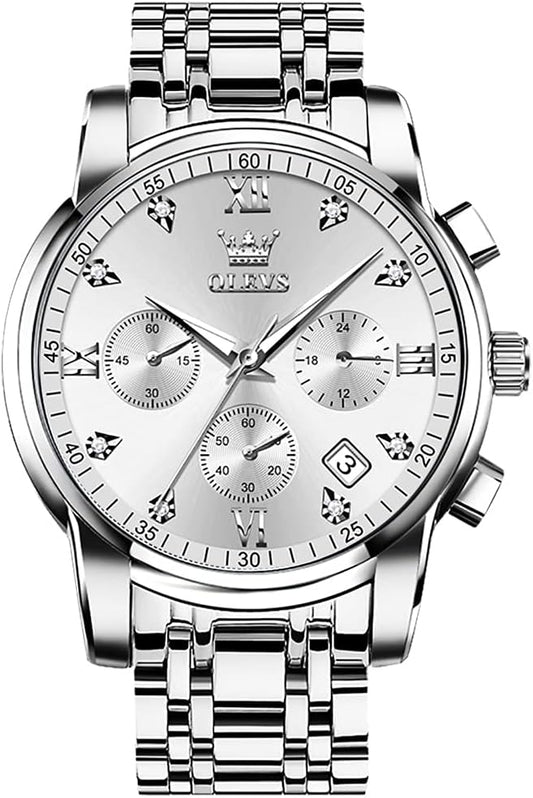 HOTOLEVS Men's Stainless Steel Chronograph Watch, Big Face Gold Silver Black Tone Easy to Read Analog Quartz Watch, Luxury Waterproof Date Diamond Roman Arabic Numerals Dial Dress Watch for Men