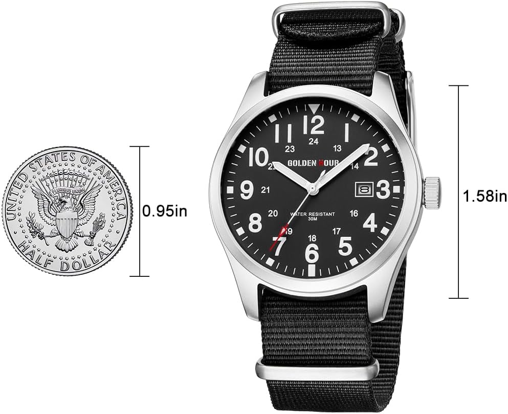 HOTGOLDEN HOUR Men's Nylon Slip-Thru Strap Watch with Military Time Easy Read Dial Glowing Hands