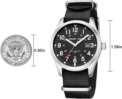 HOTGOLDEN HOUR Men's Nylon Slip-Thru Strap Watch with Military Time Easy Read Dial Glowing Hands