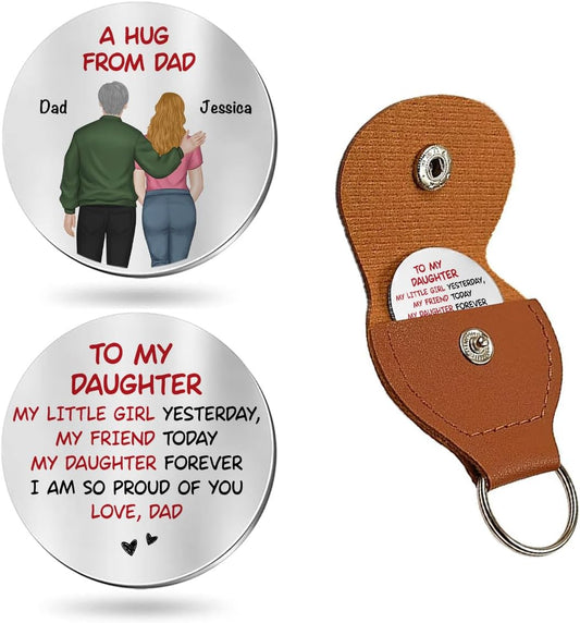 HOTWrappiness Pocket Hug from Dad to Daughter – Custom Coin with Leather Case, Personalized Token Gift for Daughter from Father