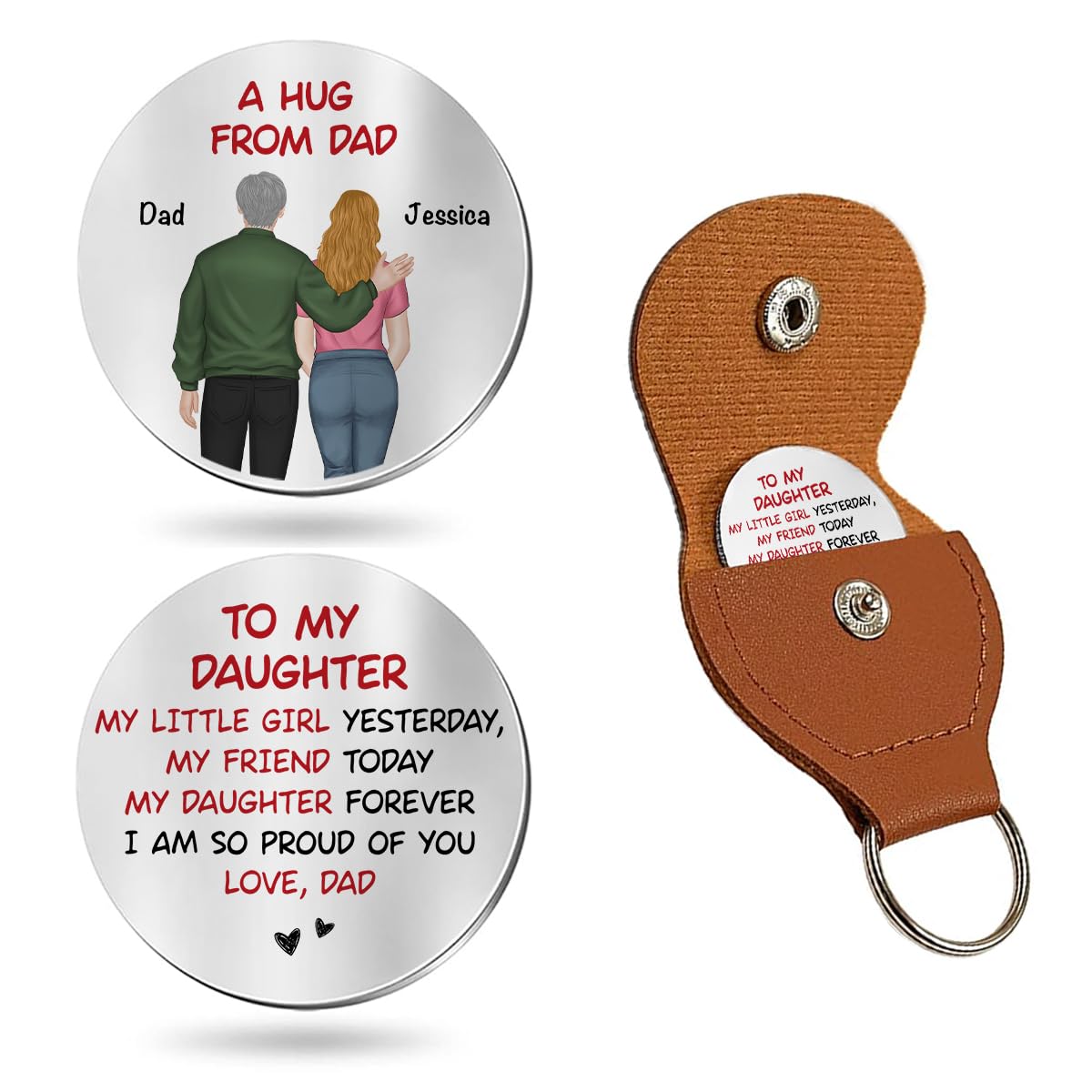 HOTWrappiness Pocket Hug from Dad to Daughter – Custom Coin with Leather Case, Personalized Token Gift for Daughter from Father
