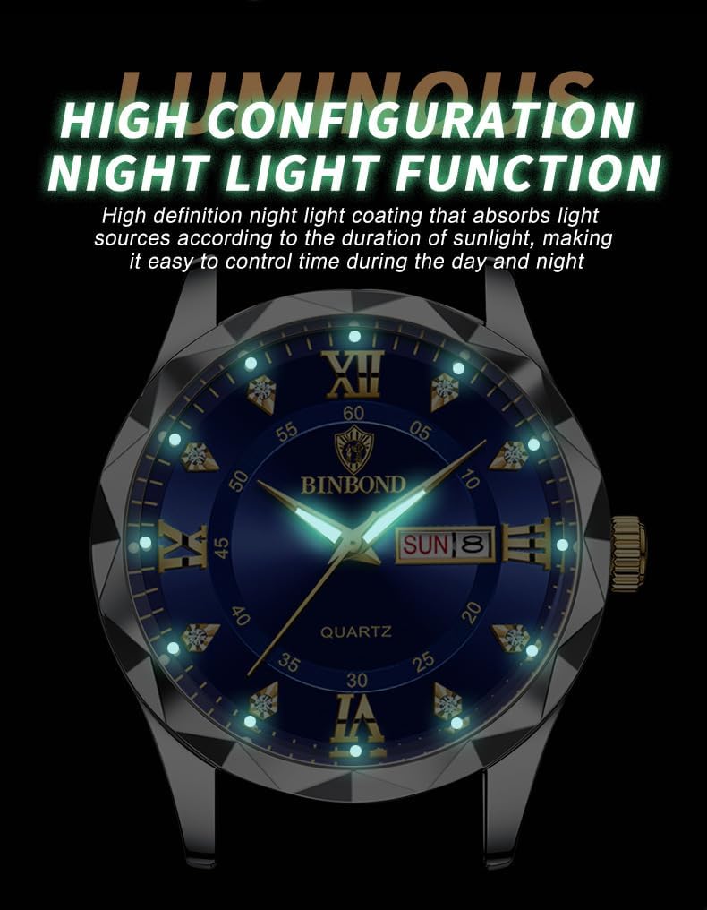 HOTGosasa Luxury Men's and Women's Business Diamond Stainless Steel Waterproof Roman Numeral Analog Quartz Watch with Day-Date Calendar, Gold and Silver Tone