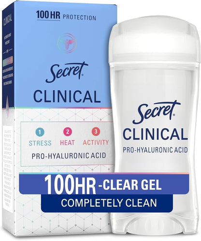HOTSecret Clinical Strength 100HR Sweat & Odor, Clear Gel Antiperspirant Deodorant for Women, 3X Stress Protection with Hyaluronic Acid, PH Balancing Minerals, Completely Clean Scent, 2.6 oz